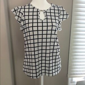 Small Black and White Boxy Ruffled Blouse, EUC, Eyelet with Silver hardware.